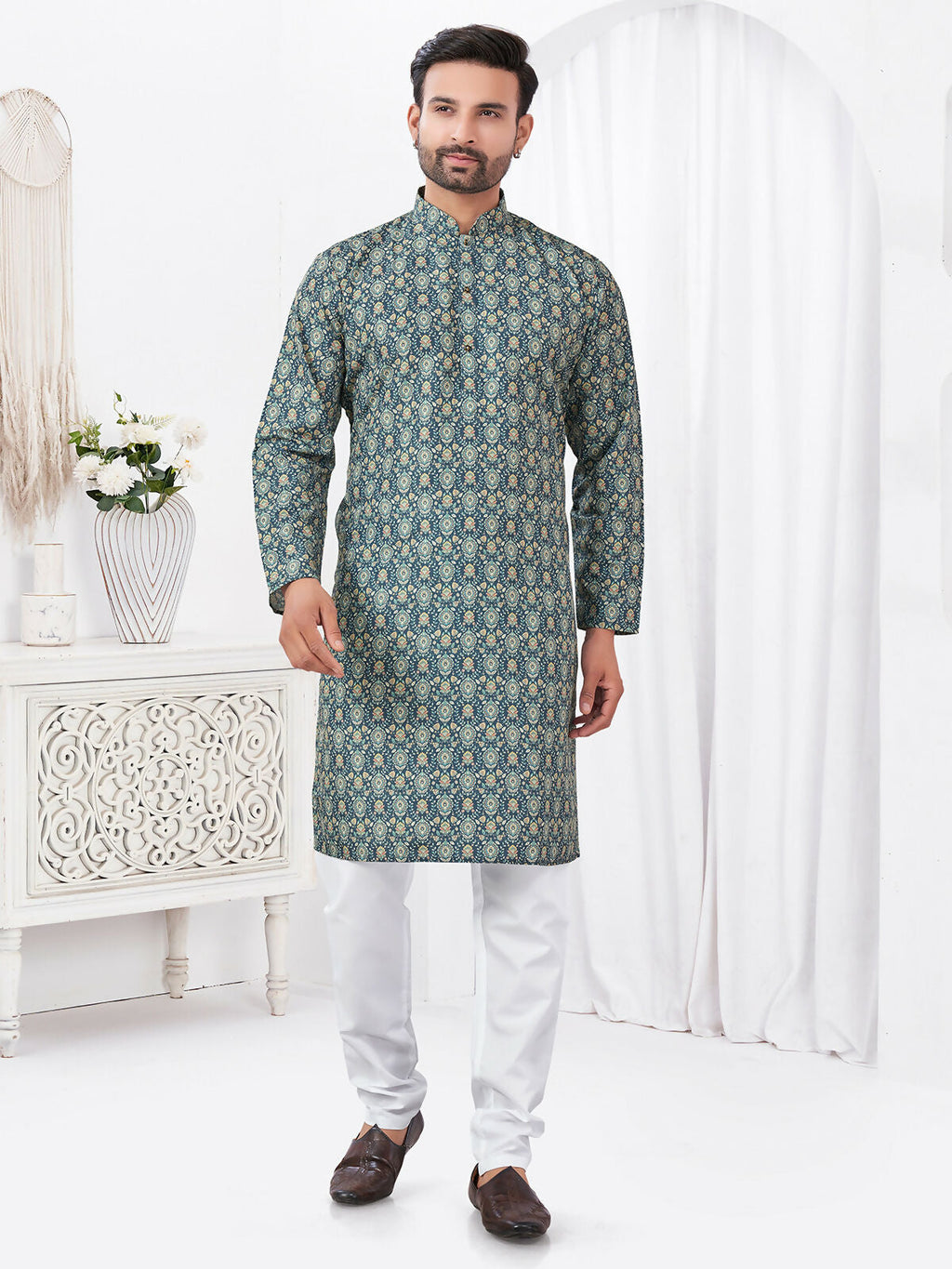 Joban Fashion Men's Rayon Cotton BLUE Printed Kurta Pyjama set