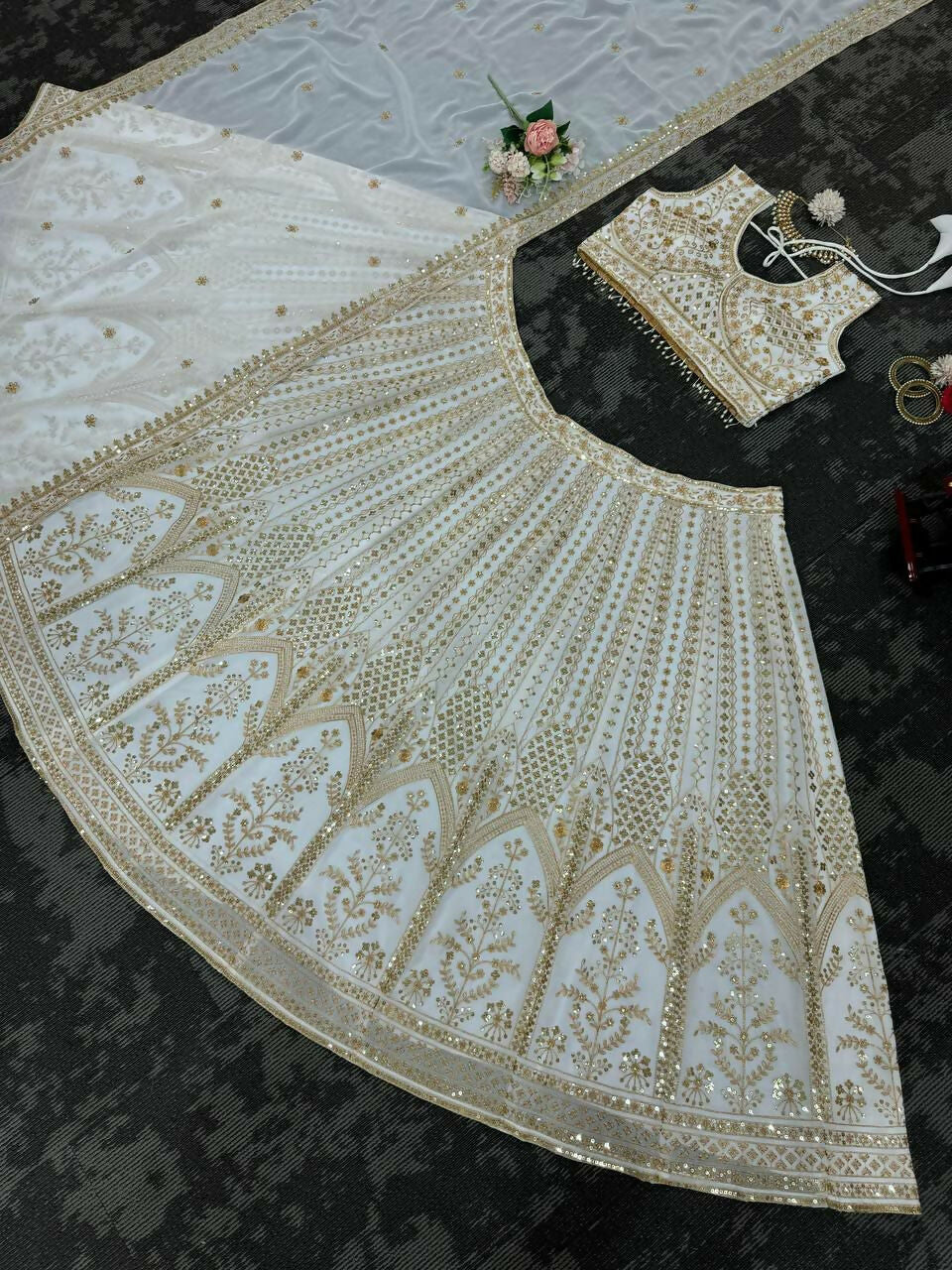 Jyoti Fashion Women's White Faux Georgette Sequins with Thread Embroidered Designer Lehenga Choli Set