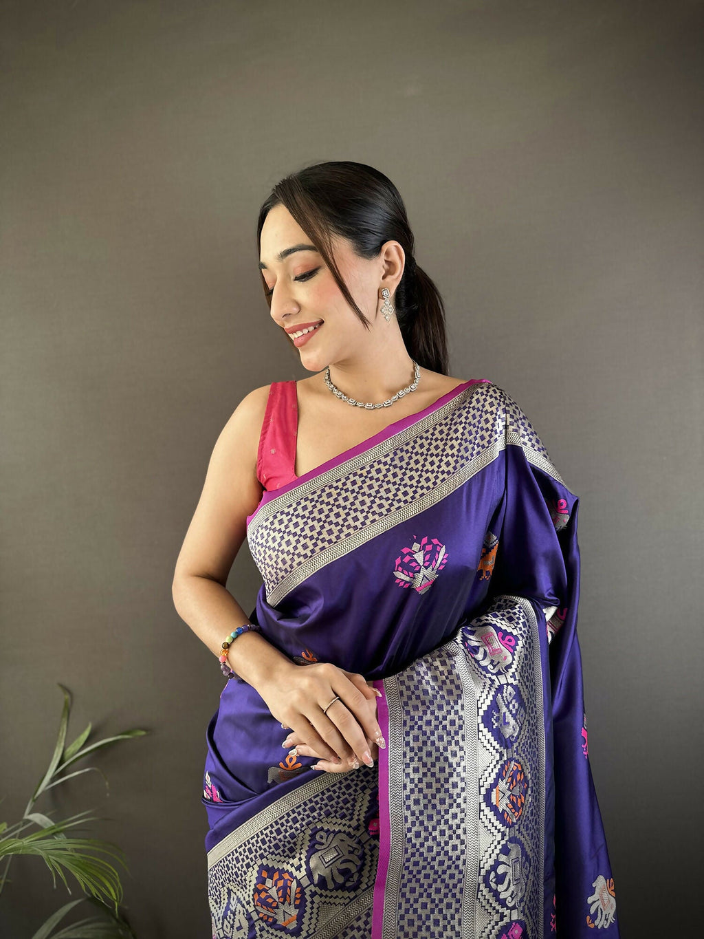 Joban Fashion Royal Blue Elephant & Floral Motifs Soft Lichi Silk Banarasi Saree - Distacart