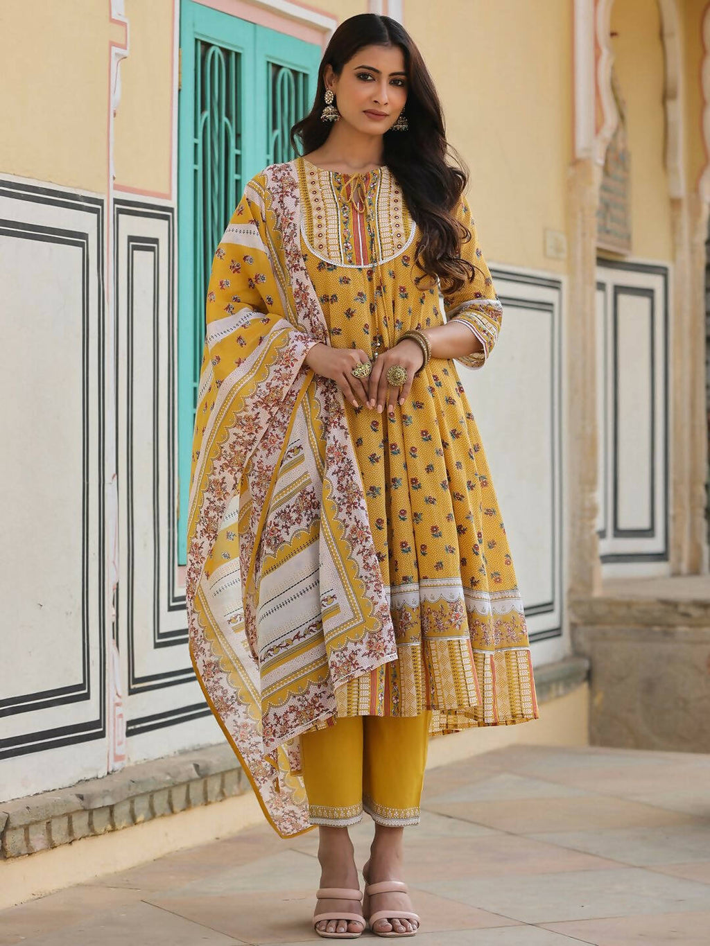 Juniper Women's Mustard Cotton Voile Floral Printed Kurta With Cambric Straight Pant And Voile Duptta - Distacart