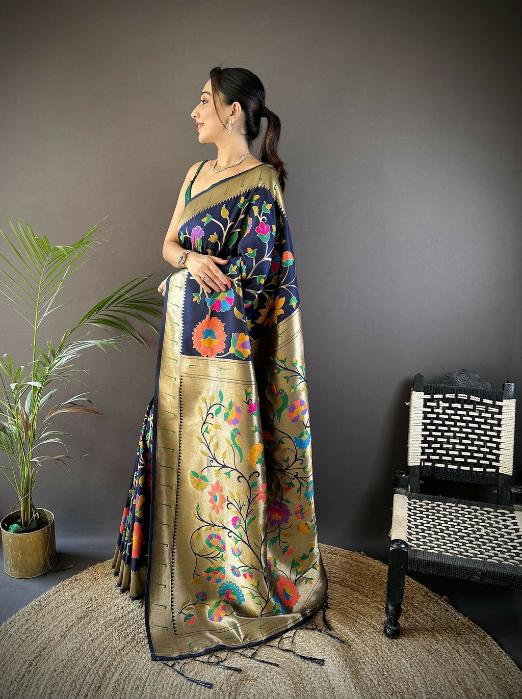 Joban Fashion Navy Blue Zari Woven Floral Motifs Soft Silk Paithani Silk Saree - Distacart