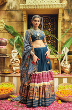 Teeya Creation Teal Colour Rayon Silk Digital Print Fully Stitched Navratri Lehenga