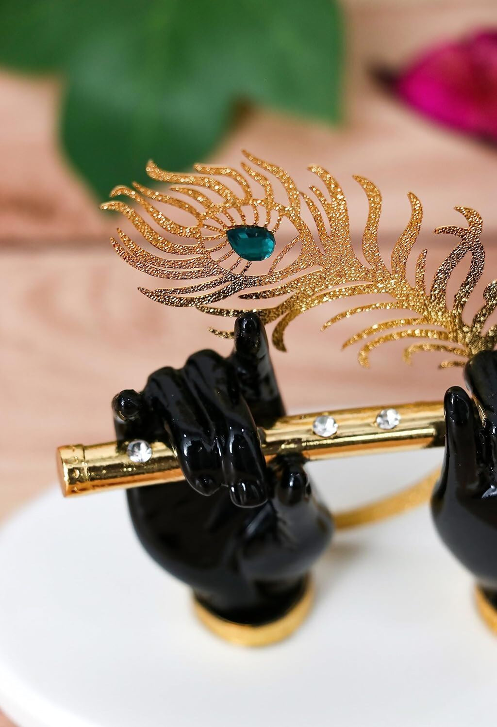 House Of Wemy Gold-Polished Lord Krishna Hands Idol with Flute and Pecock Feather - Black