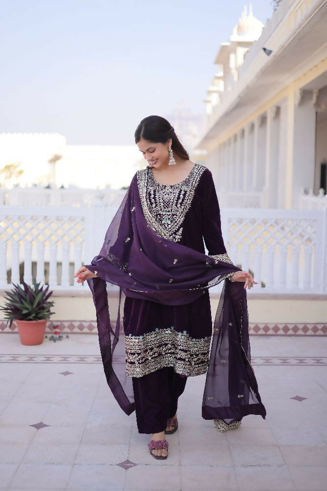 Joban Fashion Wine Kurta Set Velvet Sequins , Zari, Coding & Thread Embroidered work - Distacart