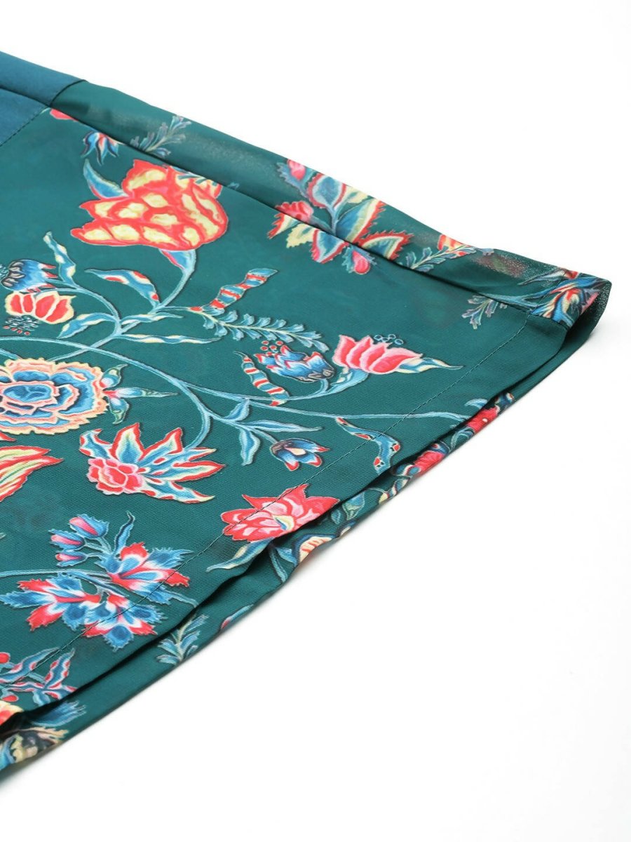 Ahalyaa Women Floral Printed Angrakha Kurta with Palazzos - Green Color
