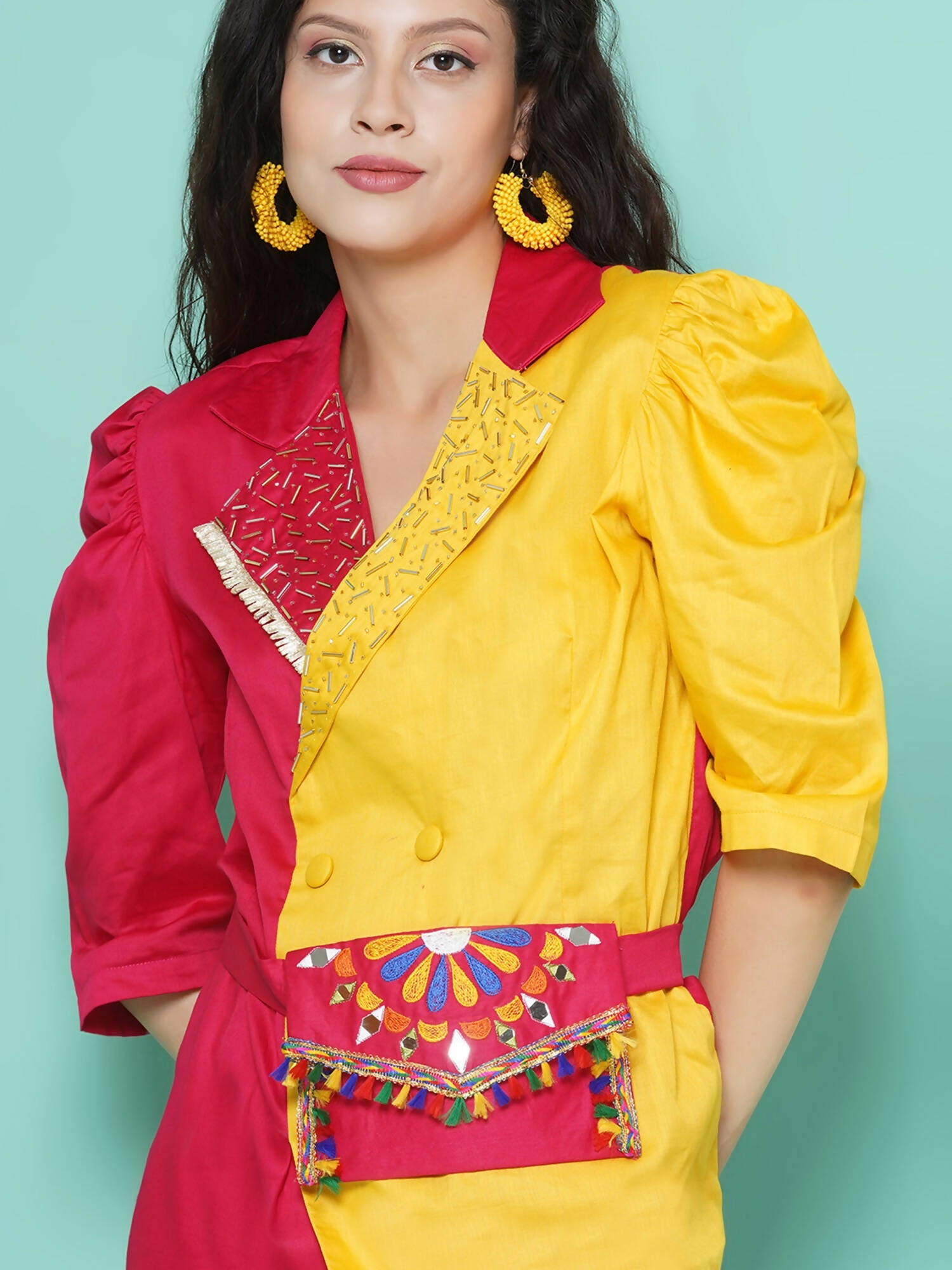 Women Republic Pink And Yellow Cotton Silk hand Embellished Coord set with Pouch - Distacart