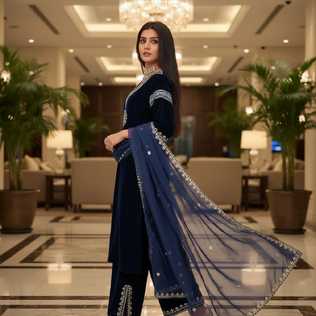 Joban Fashion Blue Kurta Set Velvet Embroidery Sequence Work - Distacart