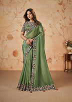 Green Banarasi Crush Silk Thread, Sequence, Cord Embroidered with Stone & Mirror Work Saree - Mohmanthan Dakshika - Distacart