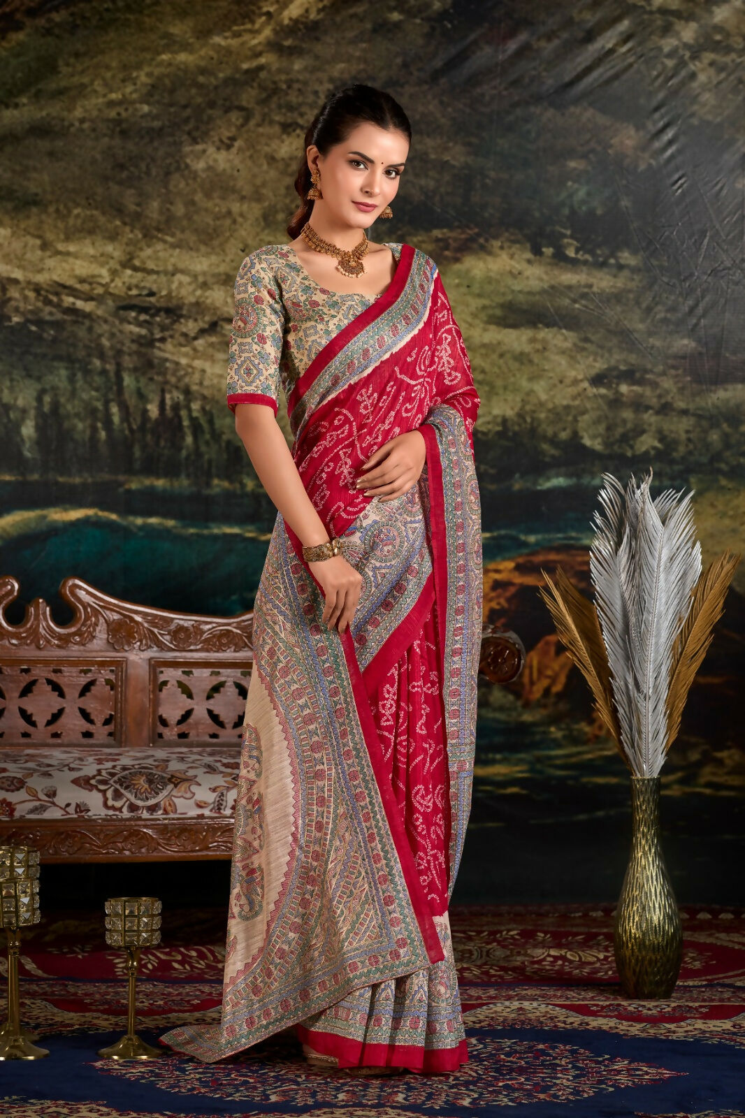 Vastranavya Maroon Silk Madhubani & Bandhej Fusion Print Saree with Unstitched Blouse