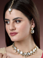 NVR Women's Gold Kundan-Studded Necklace and Earrings with Mang Tikka