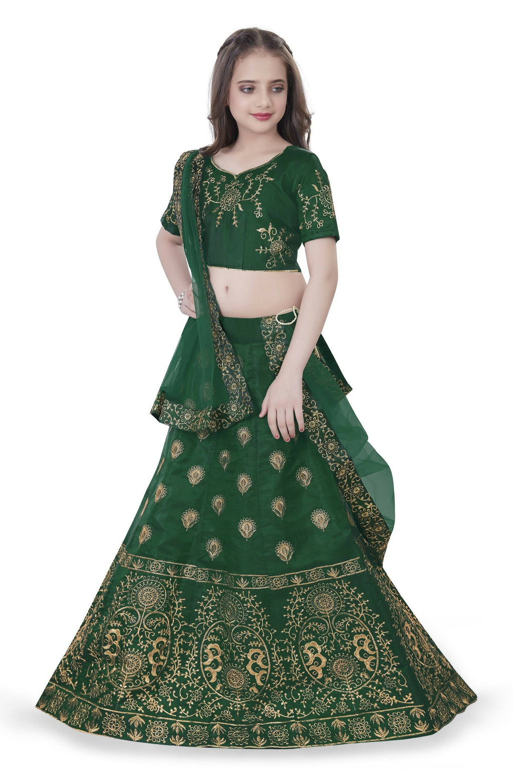 Dwiden Green Gulab Tafetta Sattin Semi-Stitched Girl'S Lehenga Choli