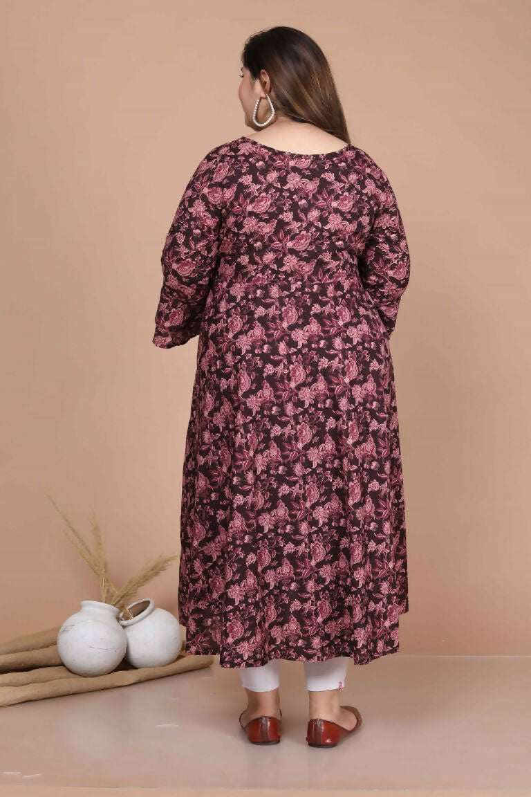 Miravan Women's Plus Size Stunning Maroon Bell Sleeve Floral Printed Anarkali Kurta Dupatta