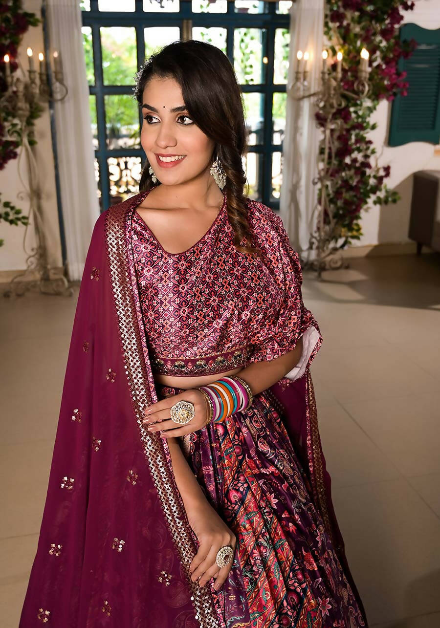 Women's Wedding Traditional Mulberry Dull Satin Lehenga Choli - Kaushlya