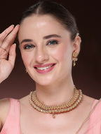 NVR Women Gold-Polished Pink Stone Studded Handcrafted Temple Jewellery Set