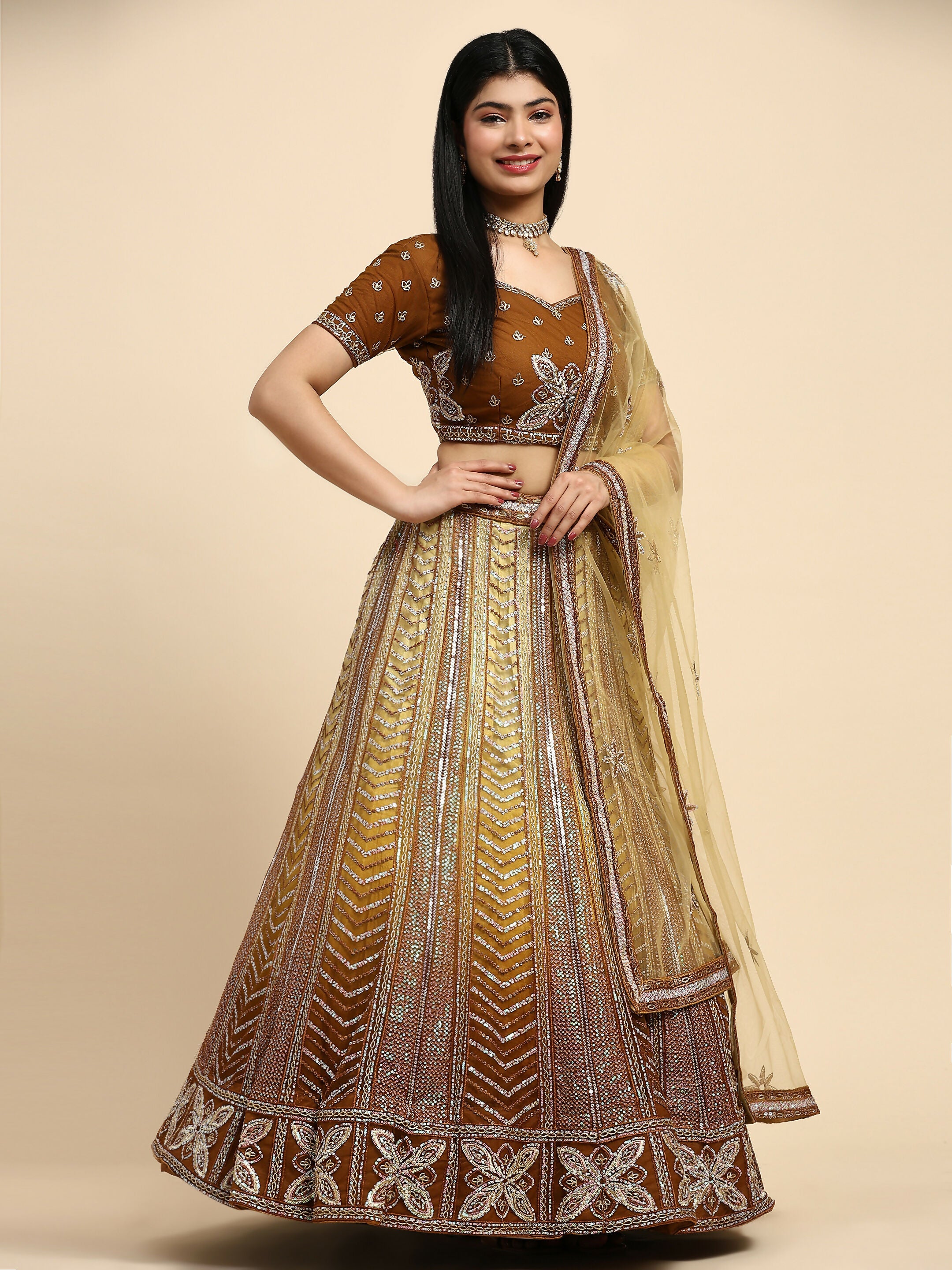 Brown Fancy Net Sequence Embroidered Lehenga Choli with Dupatta - Dhara
