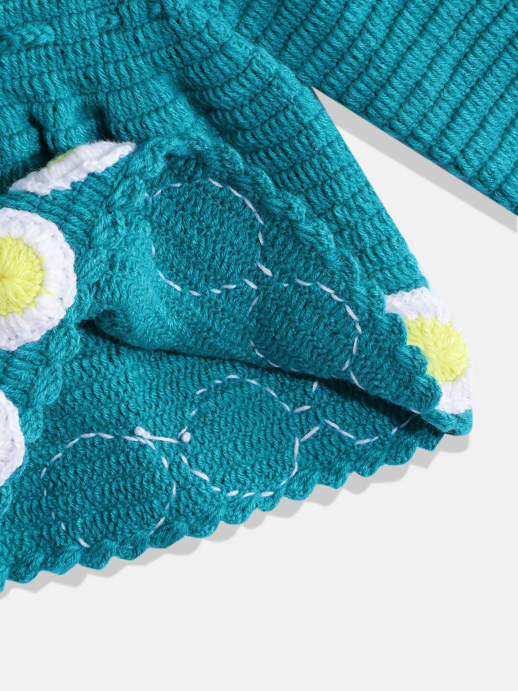Chutput Kids Woollen Hand Knitted Full Sleeves Daisy Detail Dress For Baby Girls - Sea Green