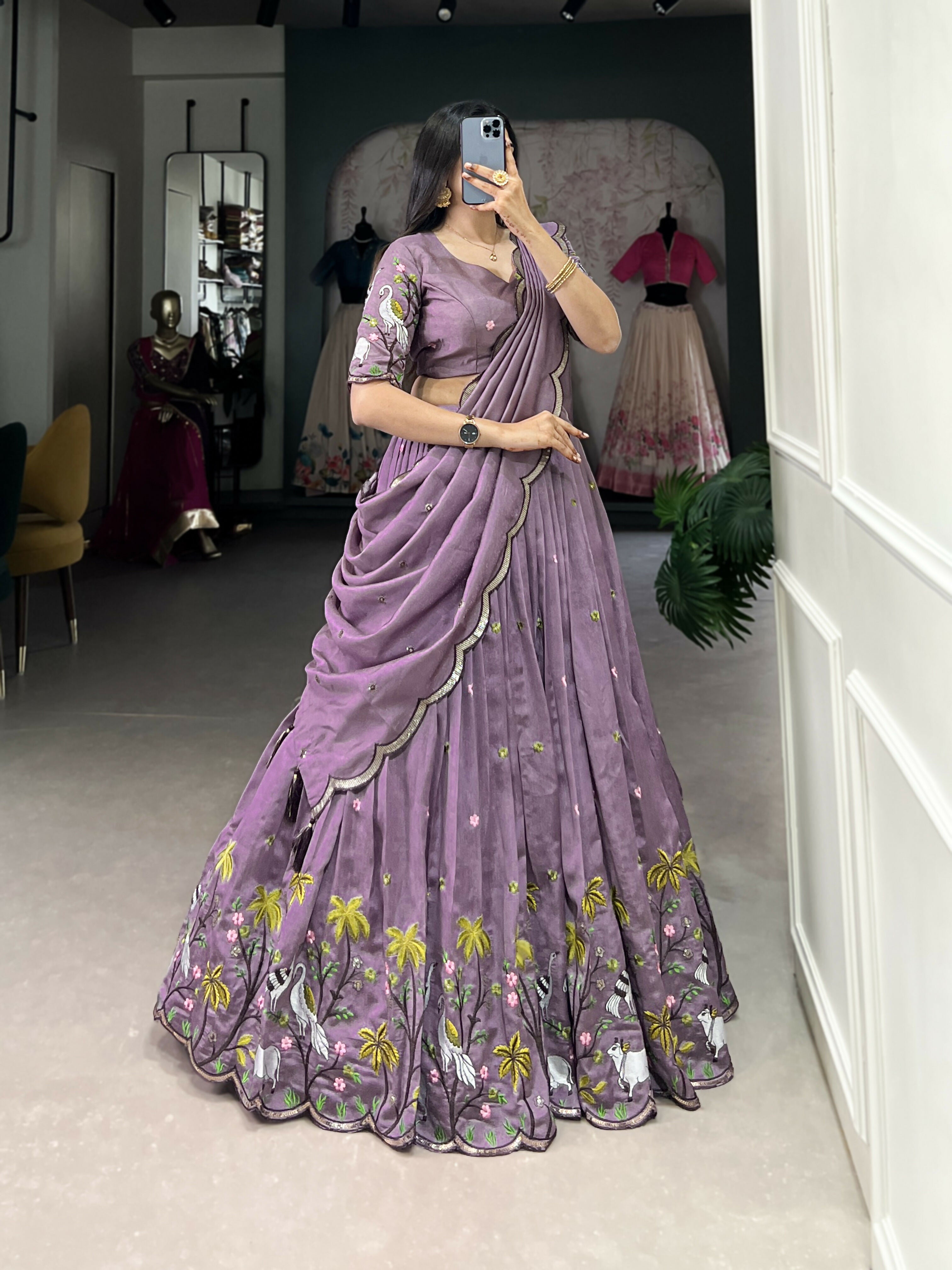 Lorenvalley Lavender Vichitra Simmer Sequins and Thread Embroidery Work Lehenga Choli