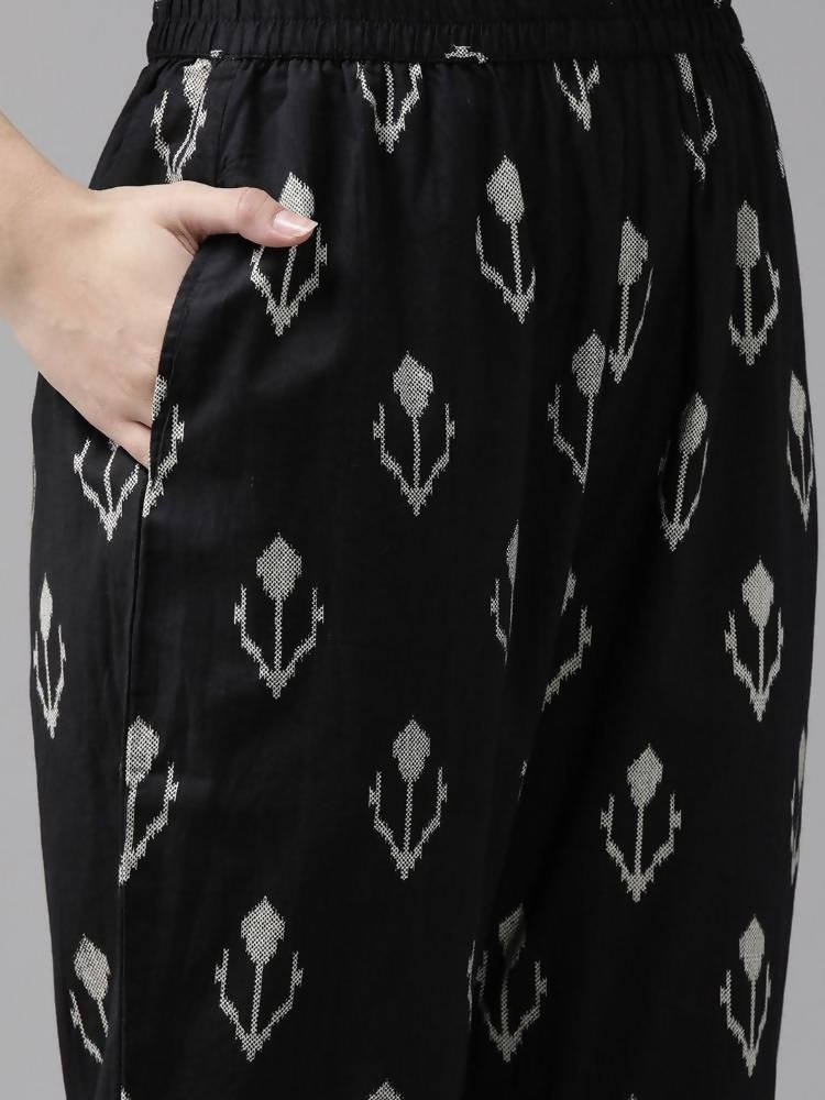 Yufta Black & Off-White Ethnic Screen Print Cotton Straight Kurta Palazzo & Dupatta