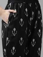 Yufta Black & Off-White Ethnic Screen Print Cotton Straight Kurta Palazzo & Dupatta