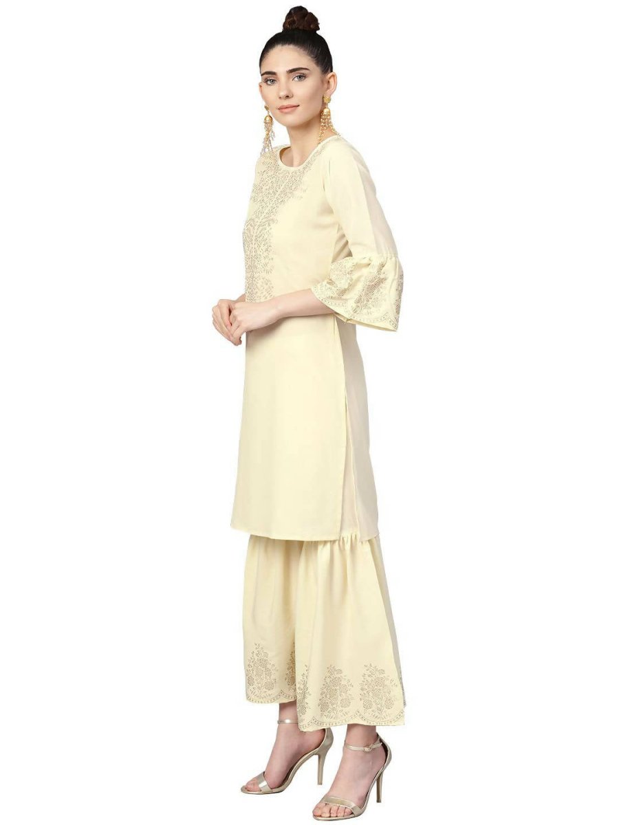 Ahalyaa Cream Crepe Glitter Print Kurta Sharara Set With Dupatta - Distacart