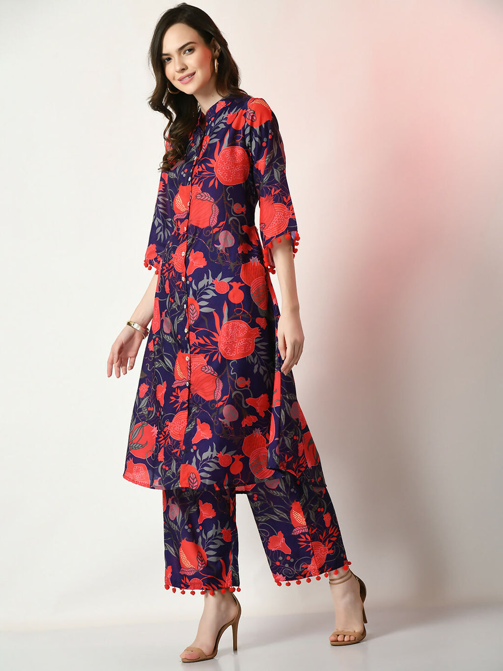 Myshka Women's Navy Blue Printed Kurta With Palazzos