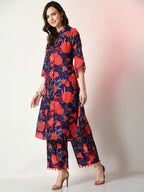 Myshka Women's Navy Blue Printed Kurta With Palazzos