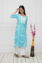 Myshka Blue Women Solid Cotton Straight Round Neck Kurtas - Distacart