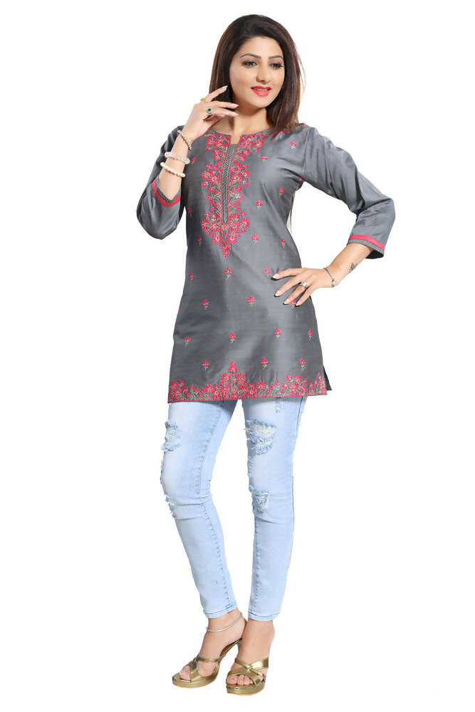 Snehal Creations Elegant Gray Short and Straight Raw Silk Tunic
