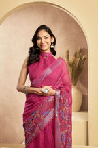 Vastranavya Pink Digital Printed Linen Ready To Wear Designer Saree with Unstitched Blouse - Distacart
