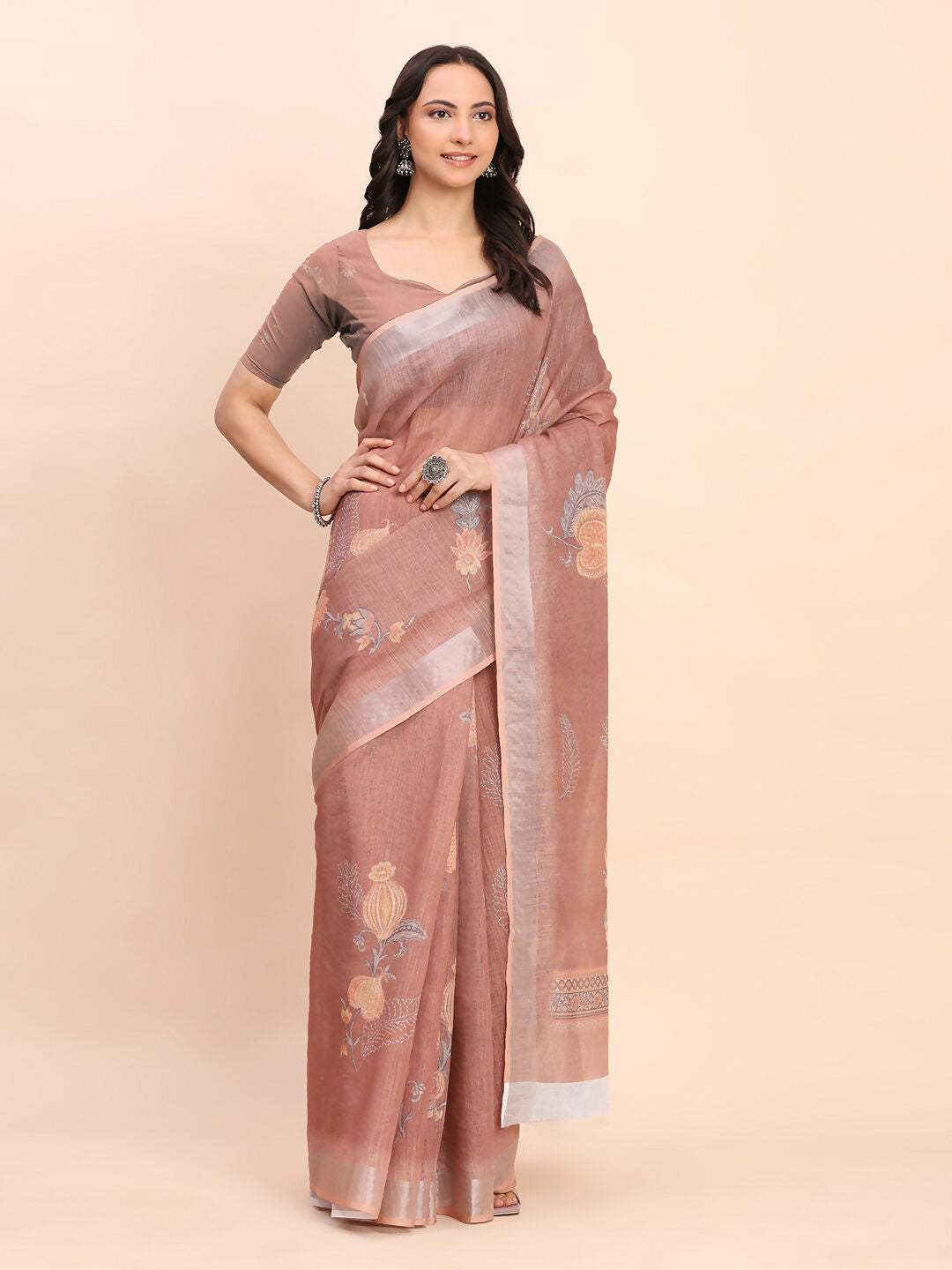 Shree Shyam Fashion Linen Cotton Brown Saree - Distacart