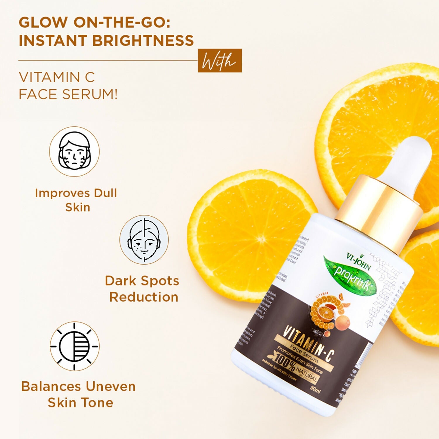 VI-JOHN Prakritik Vitamin C Face Serum Brightening, Anti-Aging & Glowing Skin, 100% Bio-Actives - Distacart