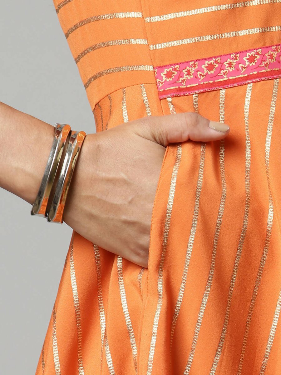 Ahalyaa Women's Orange Crepe Gold Print Dress - Distacart