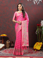 Lorenvalley Fashion Pink Soft Silk Woven Design with Zari Weaving Leheriya Design Saree