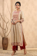 Juniper Women's Beige Rayon Printed Embroidered Straight Kurta - Distacart