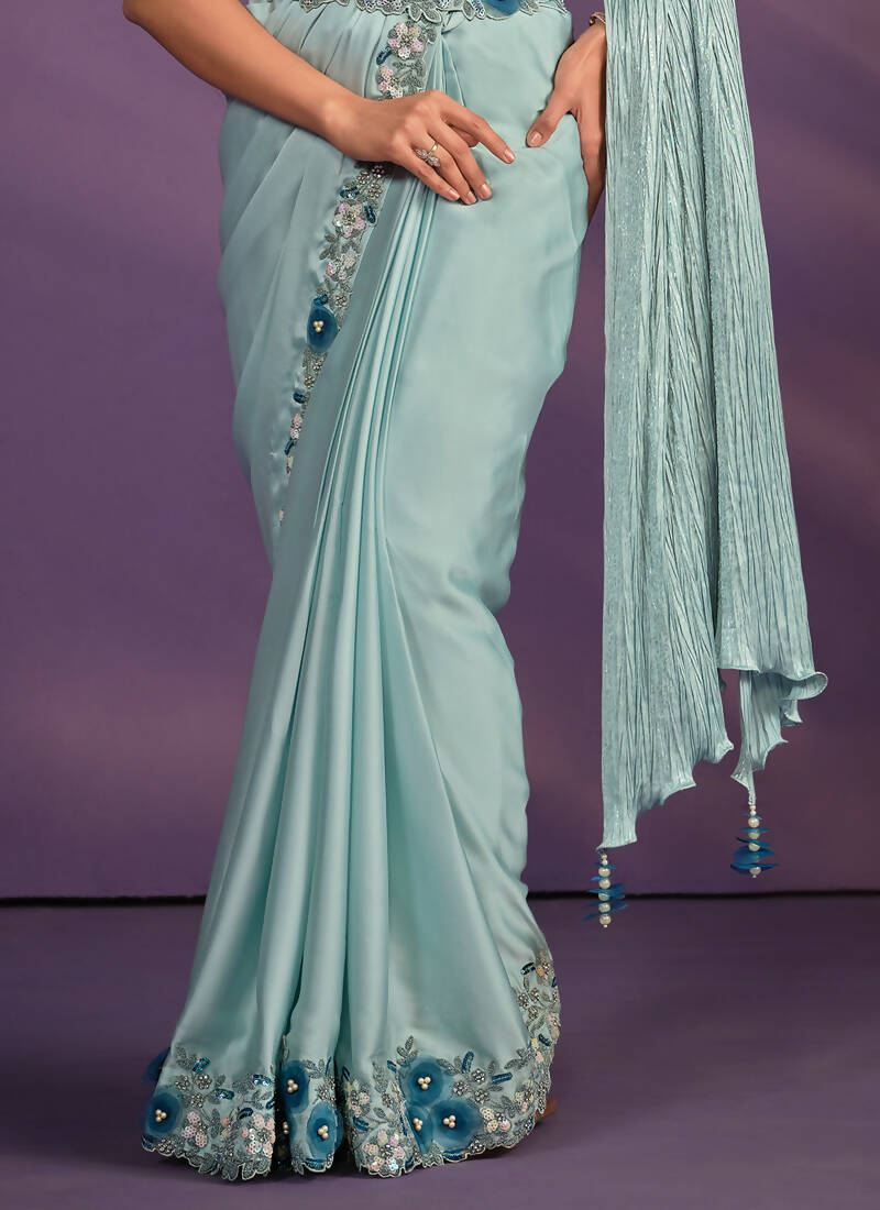Sea Green Crepe Satin Silk Embroidered Saree With Stitched Blouse - Mohmanthan Exotica