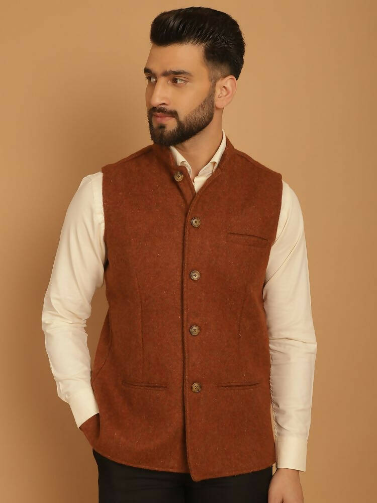 Even Apparels Pure Wool Nehru Jacket - Brown