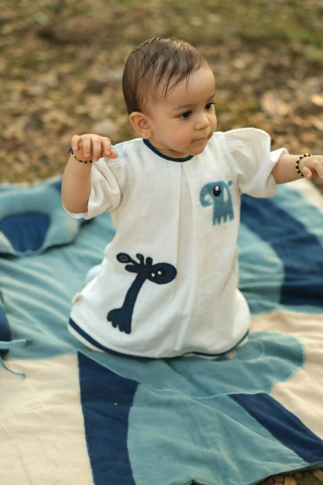 Mhyssa Emma White and Blue Puff Sleeve Frock