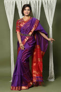 Very Much Indian Handloom Cotton Silk Maheshwari Saree With Sleek Golden Border - Purple