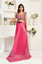Vastranavya Pink Digital Printed Linen Ready To Wear Designer Saree with Unstitched Blouse - Distacart