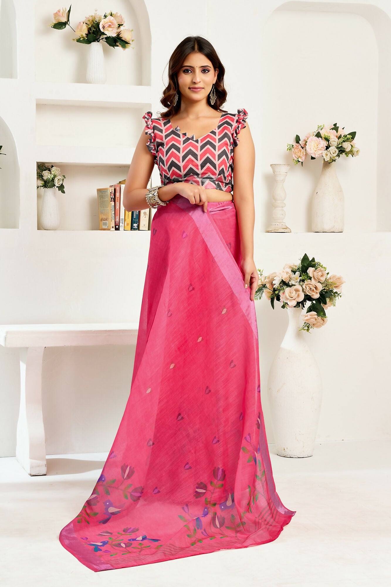 Vastranavya Pink Digital Printed Linen Ready To Wear Designer Saree with Unstitched Blouse - Distacart