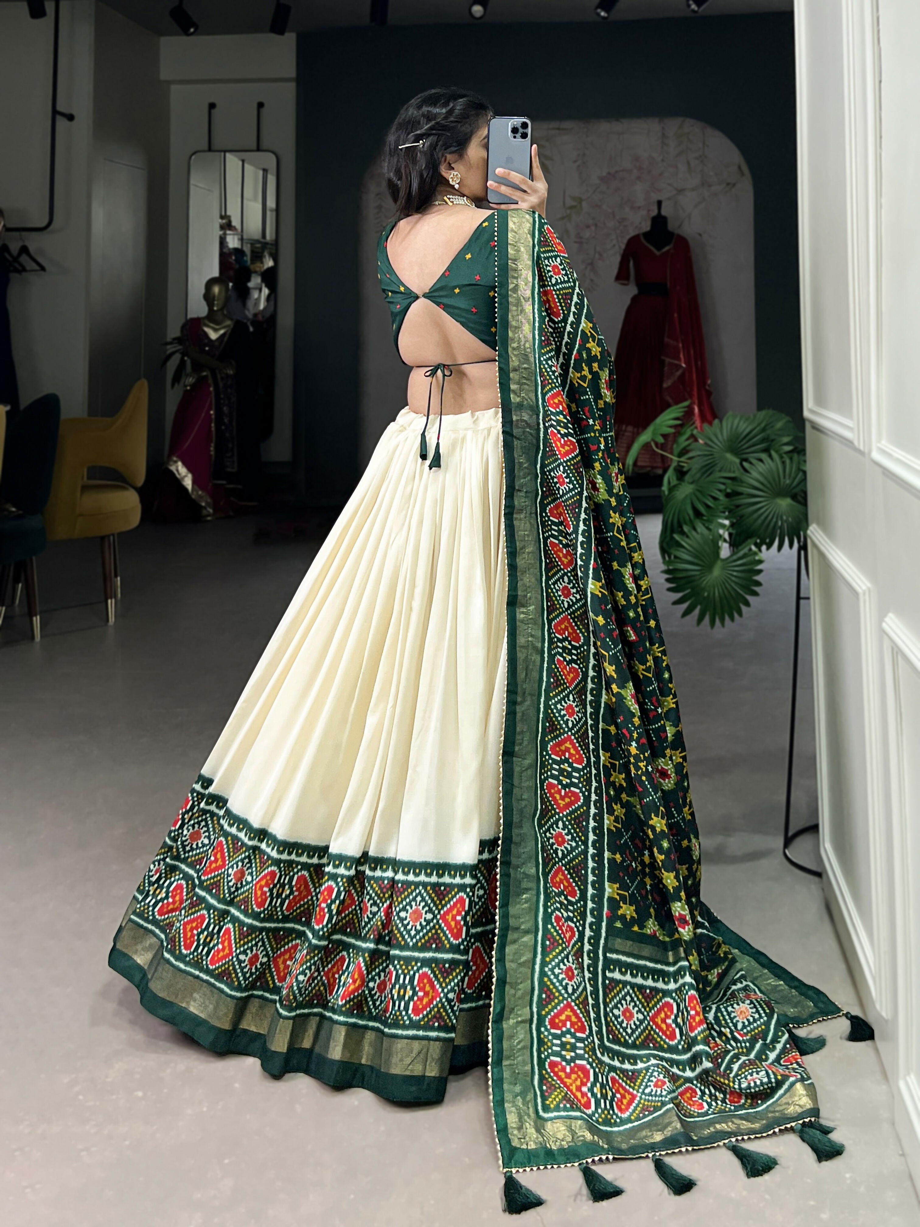 Lorenvalley Offwhite and Green Tussar Silk Patola Print Lehenga Choli