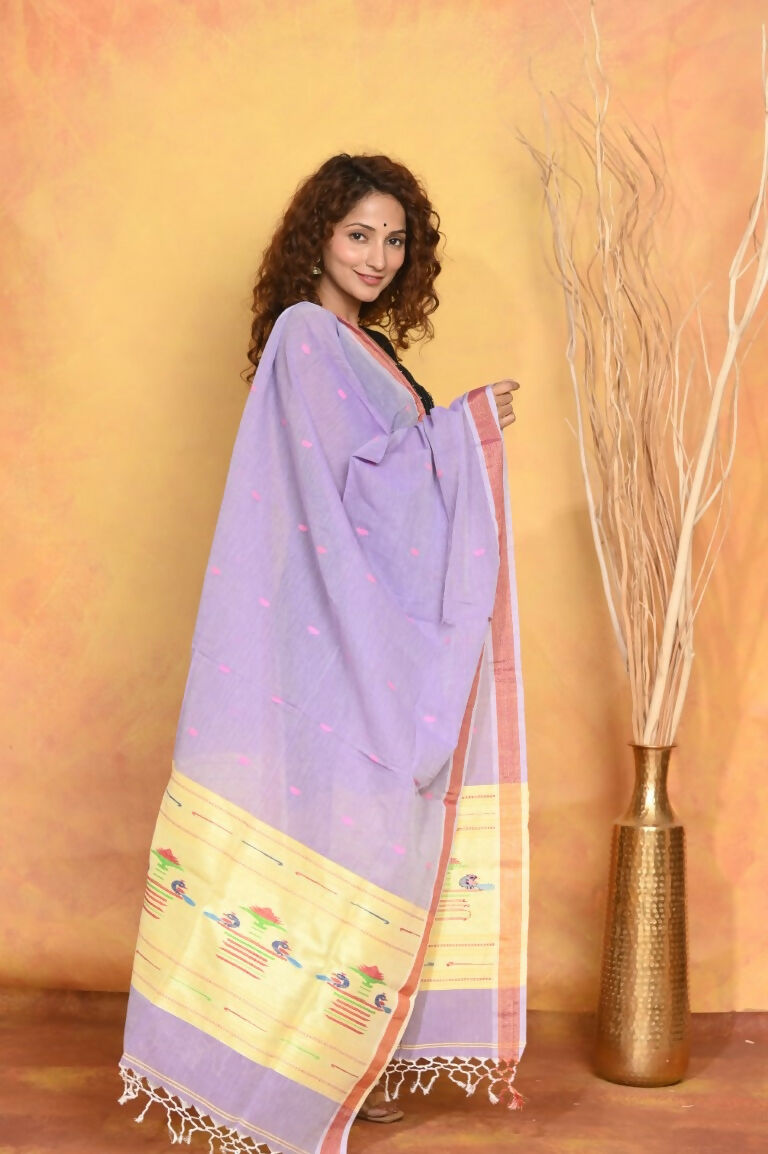 Very Much Indian Handloom Pure Cotton Paithani Dupatta - Lavender