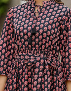 Kaajh Women's Black Bagru Print Floral Cotton Dress - Distacart