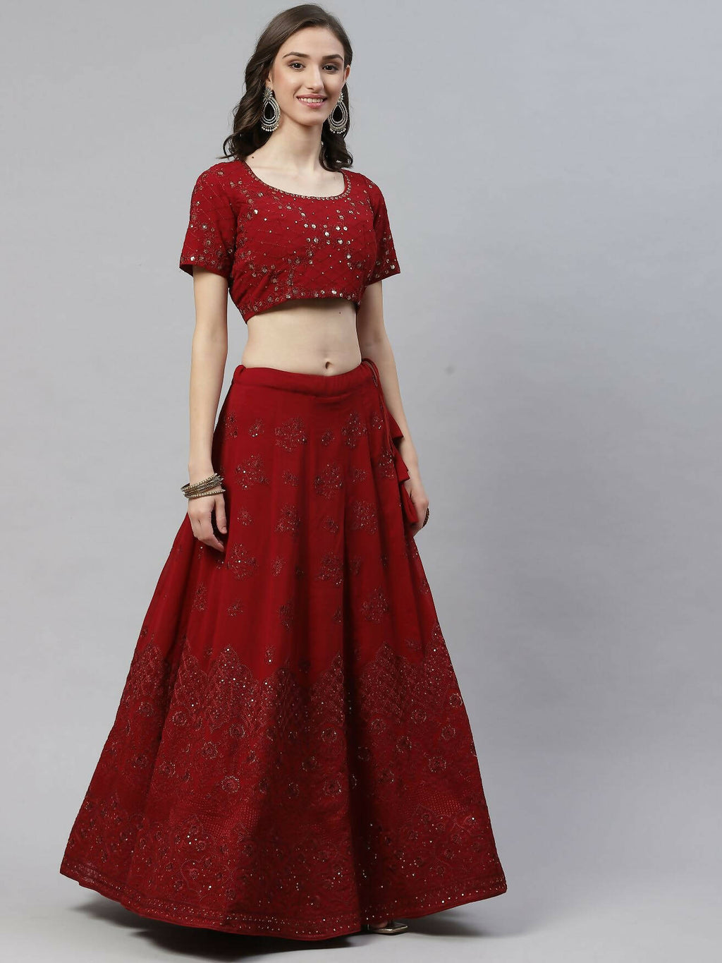 Maroon Georgette Thread with Sequins Embroidered work Lehenga Choli with Dupatta - Jivika