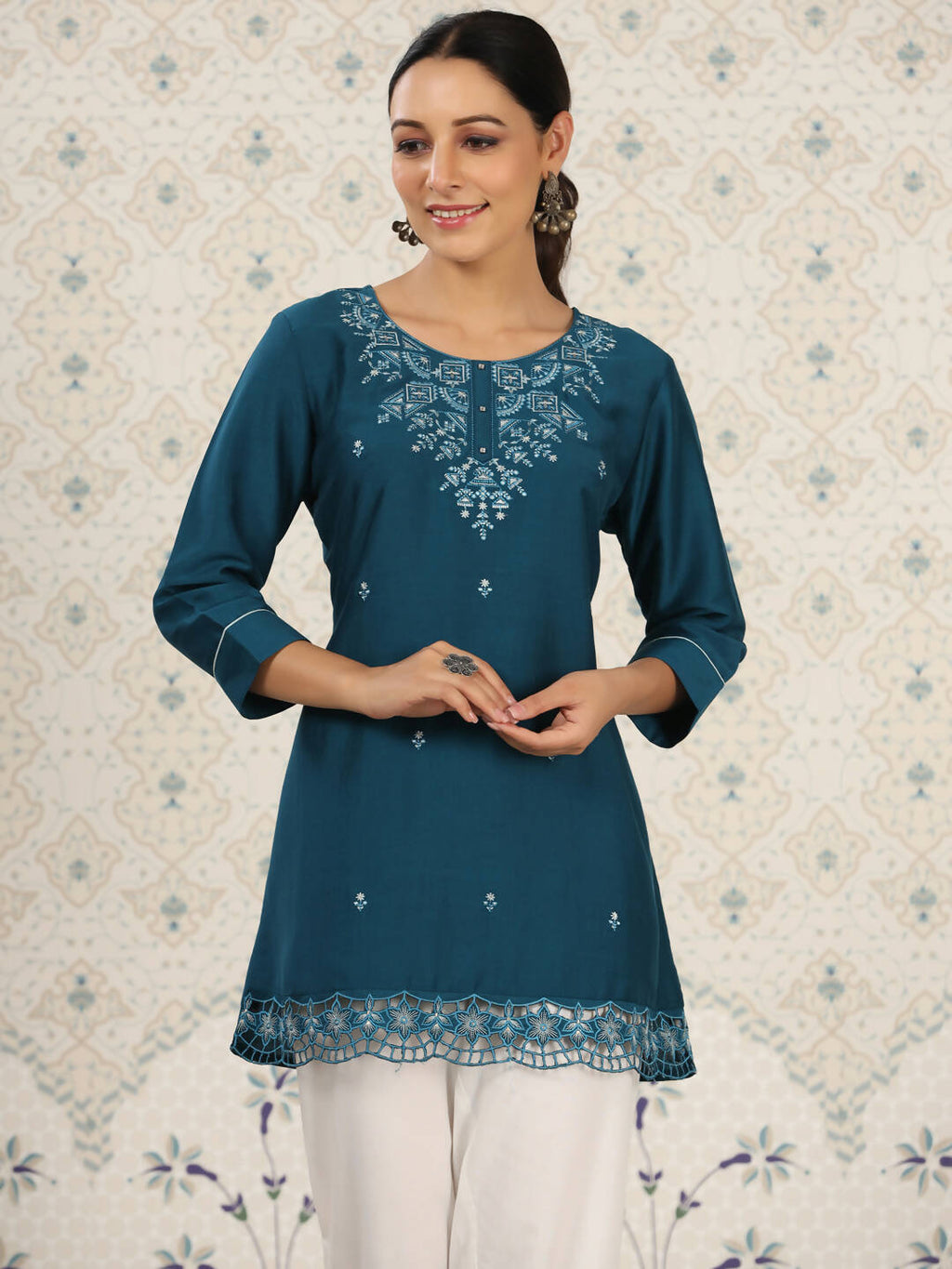 Teal Chinon Embroidered Straight Top - Zeny