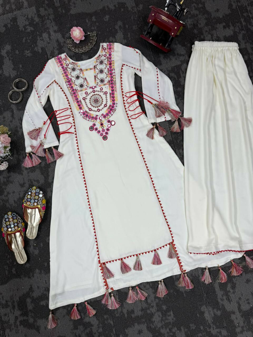 The52 Women's Gorgeous Rayon Fabric Thread Work Straight Kurta Palazzo Set - Distacart