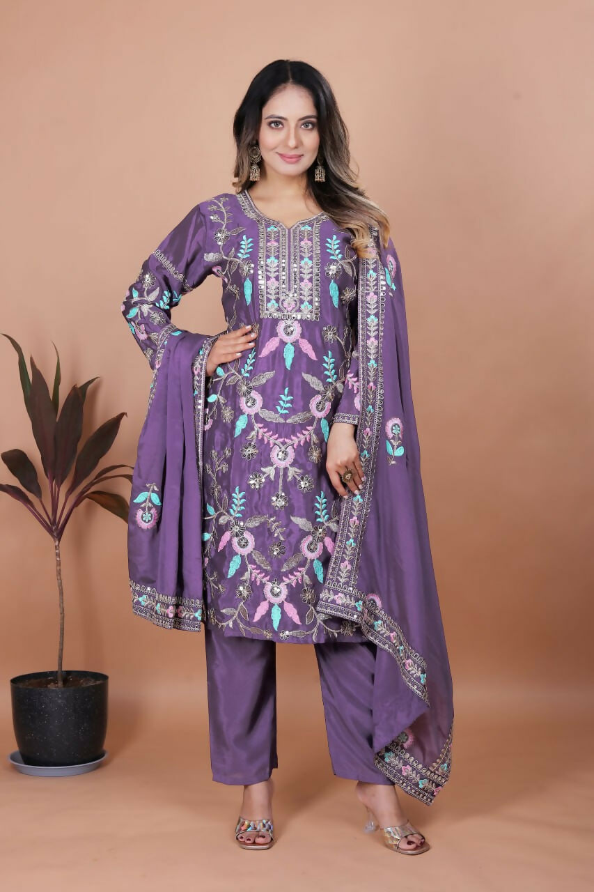 Teeya Creation Lavender Chinon Embroidery Work Party Wear Salwar Suit - Distacart