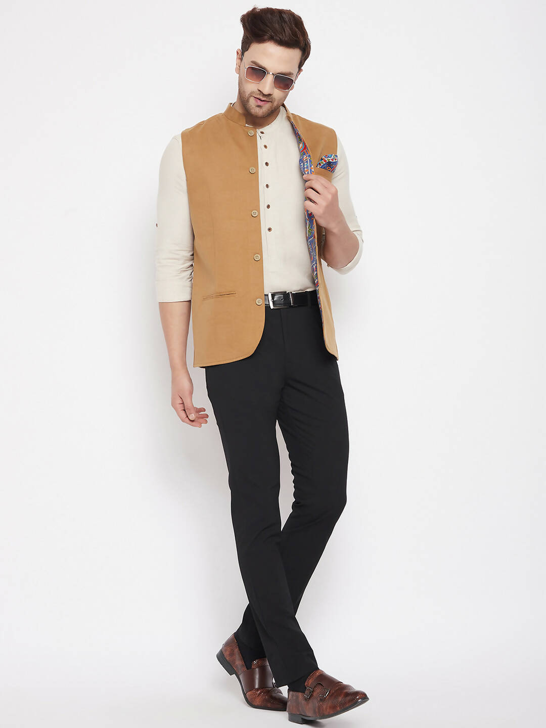 Even Apparels Brown Polyester Men's Nehru Jacket-Contrast Lining-Inbuilt Pocket Square - Distacart