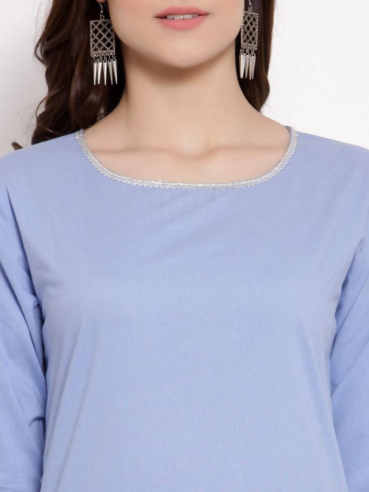 Myshka Beautiful Women's Blue Cotton 3/4 Sleeve Round Neck Solid Casual Kurta Pant Dupatta Set