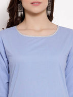 Myshka Beautiful Women's Blue Cotton 3/4 Sleeve Round Neck Solid Casual Kurta Pant Dupatta Set